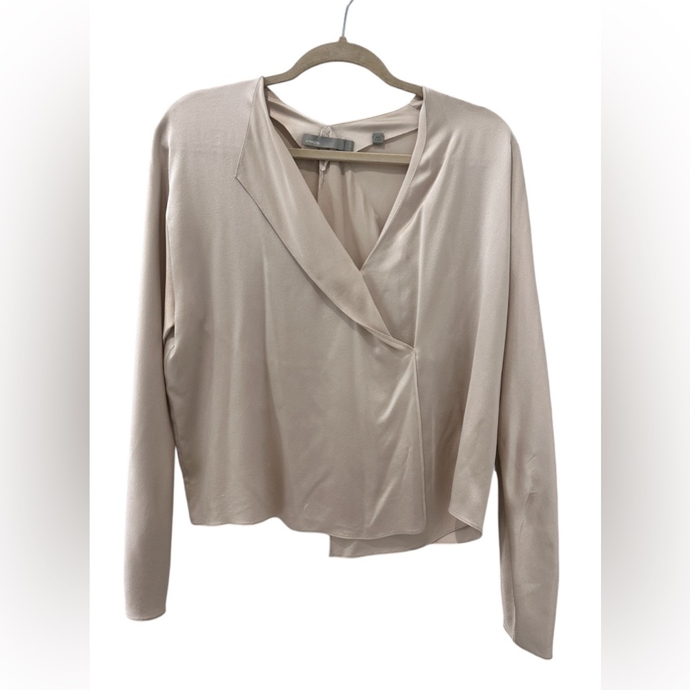 Vince 100% Silk Long Sleeve Wrap Blouse in Soft Beige, Size Small